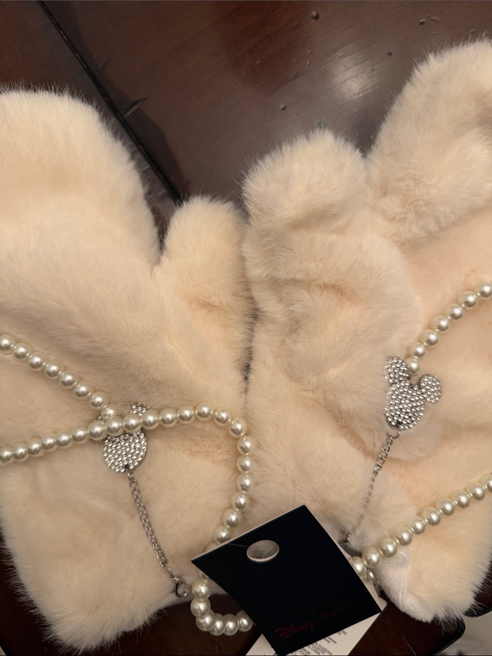 Disney Cream Faux Fur Mittens with Pearl Chain & Rhinestone Mouse Charm